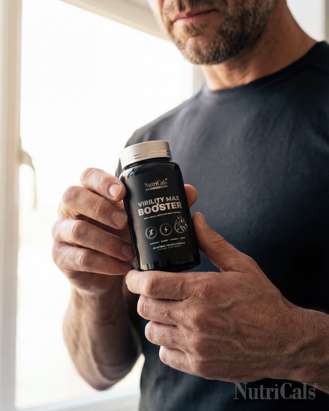 Man holding Virility Max Booster bottle in natural window light