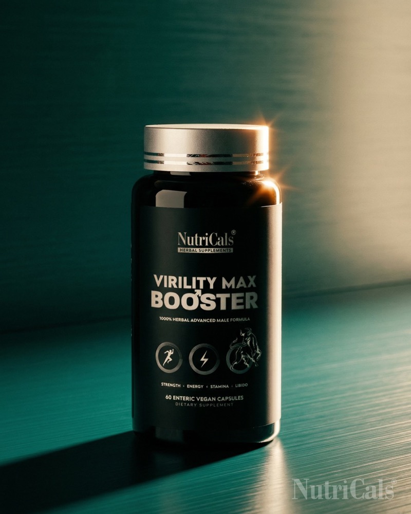 Virility Max Booster with dramatic teal lighting